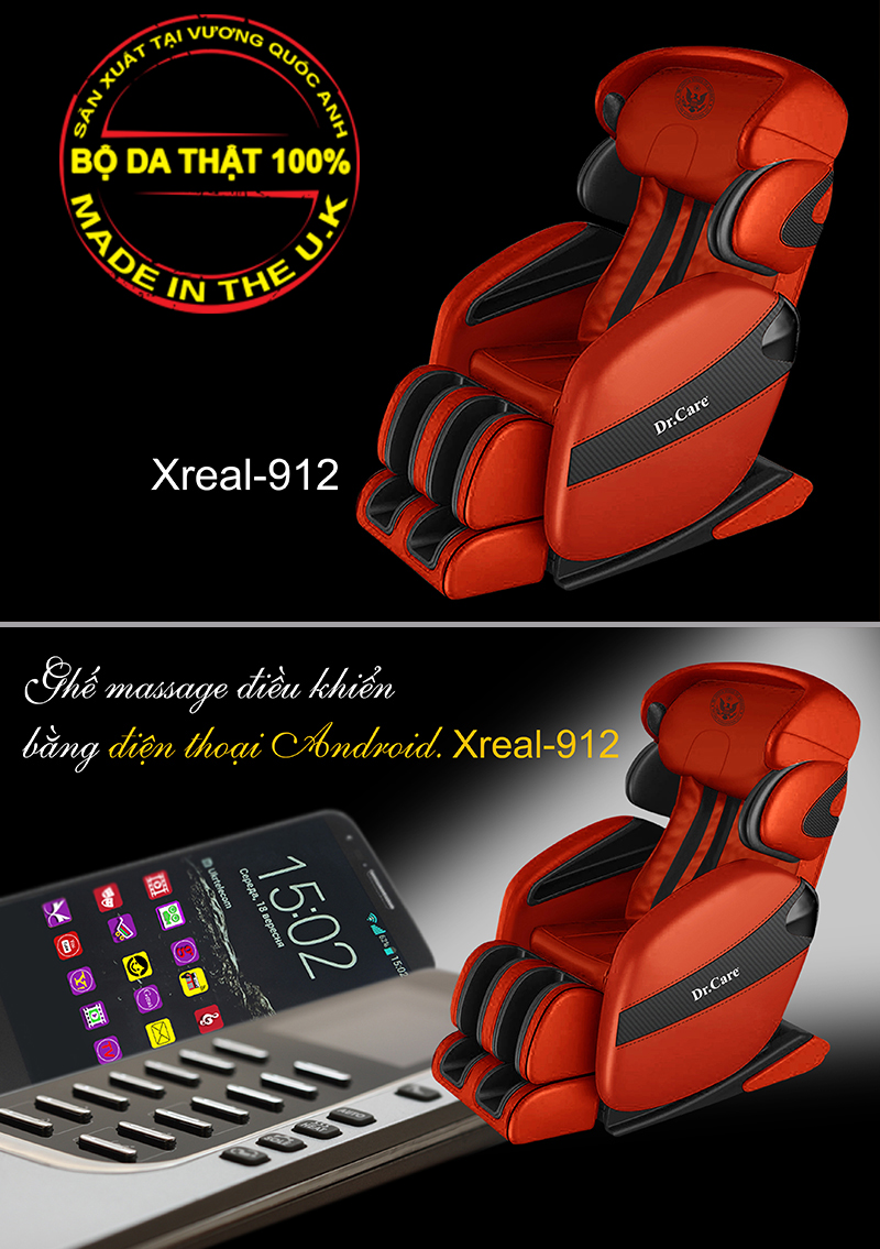 Ghế massage Xreal 912 được làm bằng bộ da thật 100% sản xuất tại Vương Quốc Anh và dùng điện thoại Android để điều khiển massage rất hiện đại.